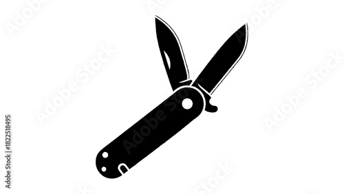 Vector illustration of black silhouette icon of a folding pocket knife with two open blades, isolated on transparent background