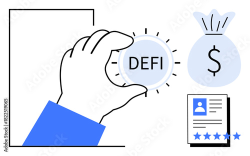 Hand holding a Defi token with dollar money bag and user profile with rating concepts. Ideal for decentralized finance, blockchain, cryptocurrency, fintech, digital payment, investment, financial