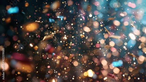 Sparkling gold and blue confetti glitter background. Abstract festive particles with bokeh lights for a celebration. Holiday party or new year event concept
