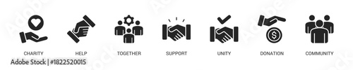 Volunteering Glyph Icon Set For Web Banner. Vector Illustration Concept With Some Icons. Designed In Glyph Style