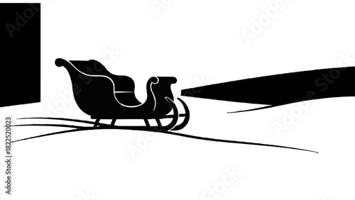 Vector illustration of black silhouette of a classic sleigh traveling across a snowy landscape in a high contrast design isolated on transparent background