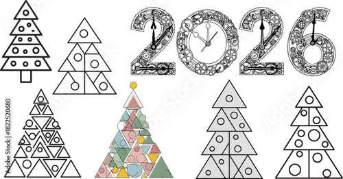 Hand-drawn Christmas tree icons, including stylized variations