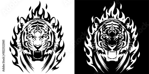 Fierce Tiger Head with Fire Outline – Black and White Wild Animal Tattoo Style Illustration