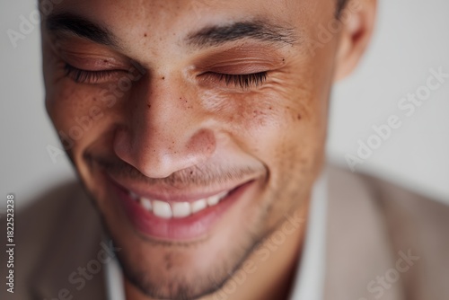 Close up of a man smiling with his eyes closed, showing his teeth