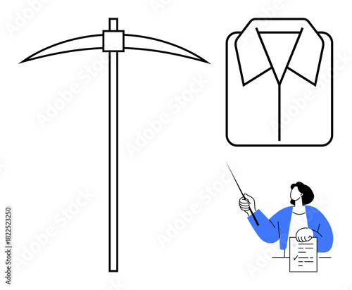 Pickaxe tool, formal shirt outline, and instructor presenting with documents evoke diverse themes. Ideal for work, education, presentation, mining, labor, professionalism and teaching concepts