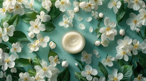 Top view of cream jar surrounded by white flowers and green leaves on blue background