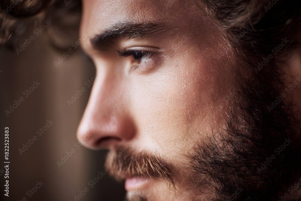 Fototapeta premium Close-up side profile of a man with a beard and beautiful complexion