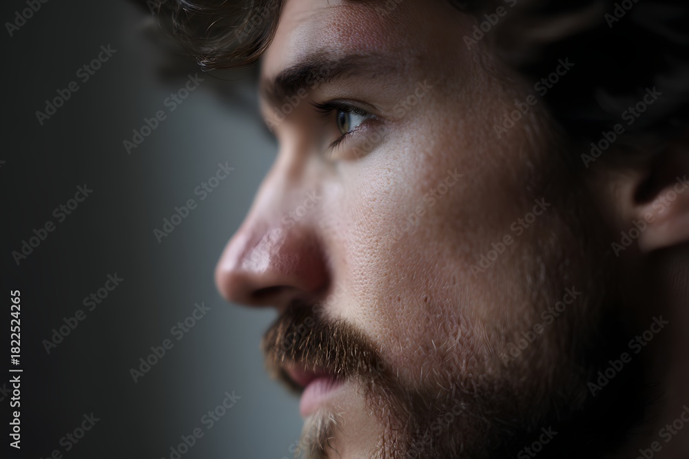 Obraz premium Contemplative man gazes into the distance with furrowed brow, side profile shot