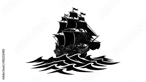 Vector illustration of black and white silhouette illustration of a large sailing ship or galleon navigating rough ocean waves isolated on transparent background