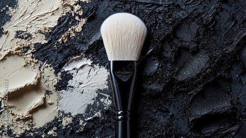 Close up of a makeup brush on a textured background with black and white powders