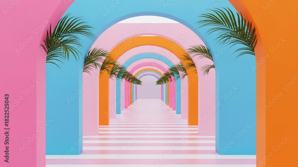 Fototapeta premium Colorful Archway with Palm Trees - A Vibrant Tropical Escape.
