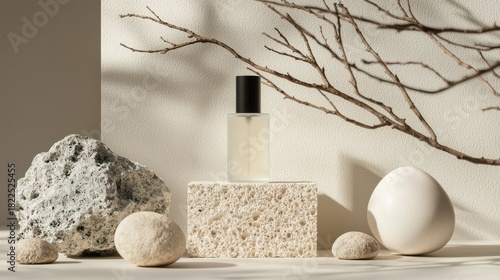 Perfume bottle on porous stone with rocks and branch against a white wall backdrop