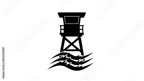 Vector illustration of black and white silhouette icon of a lifeguard tower standing above ocean wave, isolated on transparent background