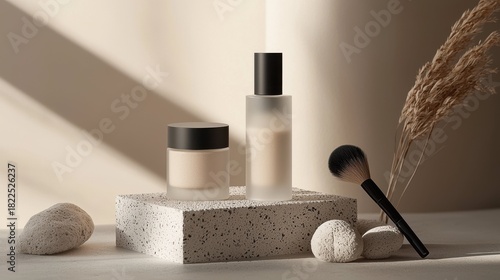 Still life of cosmetic products on a textured block with stones and dried grass