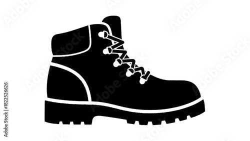 Vector illustration of black silhouette icon of a sturdy hiking boot with laces, isolated on transparent background