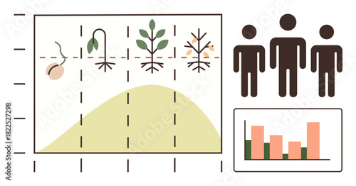 Stages of plant growth from seed to decay alongside human figures and bar chart comparison. Ideal for ecology, progress, biology, research, population, statistics, education. Simple flat metaphor