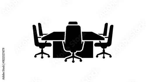 Vector illustration of black and white icon silhouette of a conference table with four office chairs isolated on transparent background