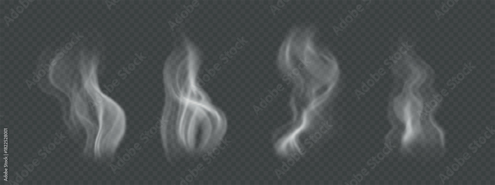 Fototapeta premium Set of steam and smoke. Realistic, wavy vapor from hot food, tea, coffee isolated on transparent background