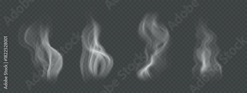 Set of steam and smoke. Realistic, wavy vapor from hot food, tea, coffee isolated on transparent background