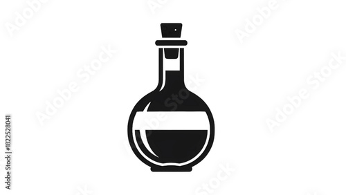 Vector illustration of black and white icon of a round potion bottle with a cork stopper, isolated on transparent background