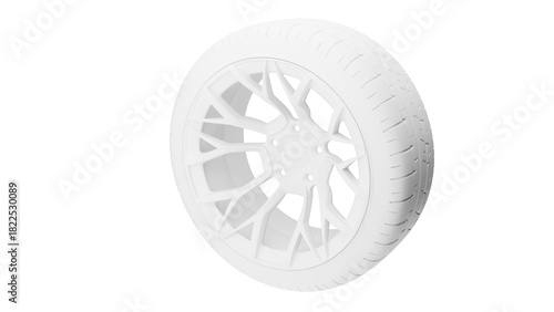 A white car tire mockup on a stylish and modern rim. A car wheel template for advertising an automotive business.