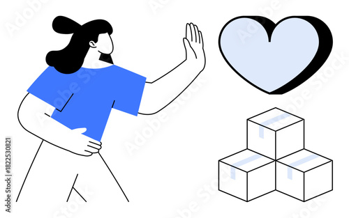 Woman gesturing rejection toward heart, emphasizing prioritization of responsibilities with stacked boxes. Ideal for decision-making, boundaries, priorities, self-care, emotional balance, minimalism