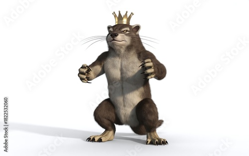 honey badger looking completely relaxed and confident. Subtle crown dropped beside it on the floor. White background for a clean, funny visual