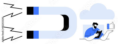 Magnet emitting energy attracting a person holding a tablet, shaped thumbs up approval with thumbs up. Ideal for marketing, engagement, leadership, customer retention, social connection, technology