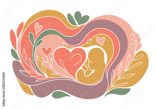 Stylized vector illustration of fetal development, heart, and organic plant shapes.