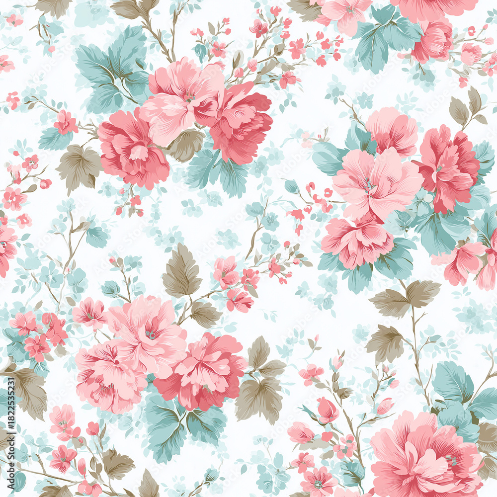 Obraz premium Floral Pink and Blue Pattern Wallpaper Background – Soft Botanical Pattern for Prints, Merchandise, and Accessories