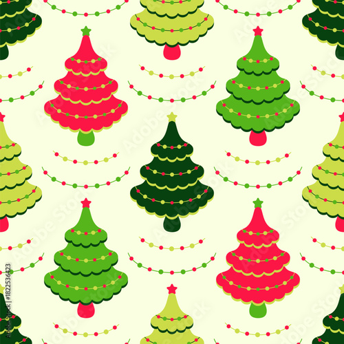 Festive Christmas tree seamless pattern. Vibrant Xmas background. Vector repeating ornament useful for print, gift paper, wallpaper, wrapping paper, digital paper, scrapbooking 