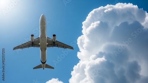 Commercial Airplane Flying High in a Bright Blue Sky with Fluffy White Clouds.