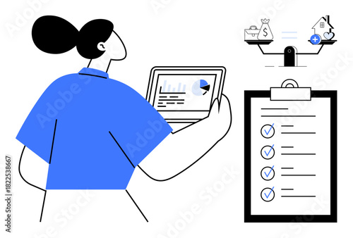Finance concept. Finance tools for efficient money management and decision-making. Finance planning with data analysis, checklist prioritization, and financial balance. For budgeting, accounting
