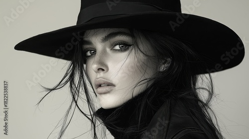 Portrait of a woman wearing a black hat and jacket with dramatic eye makeup look
