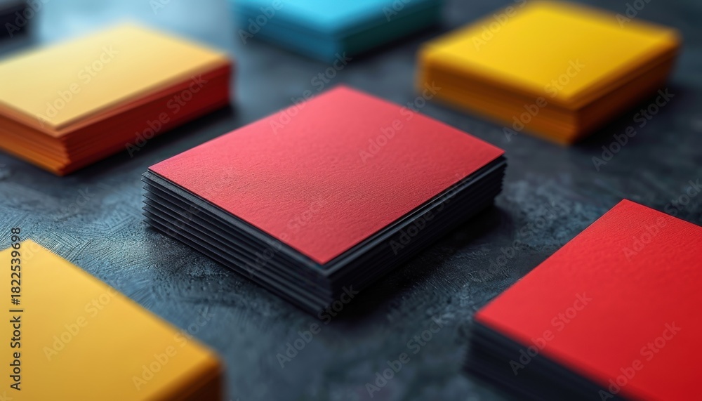 Fototapeta premium A close up of stacks of colorful square paper on a textured dark gray surface