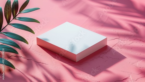 White square podium on pink textured surface with leaf shadows and plant branch