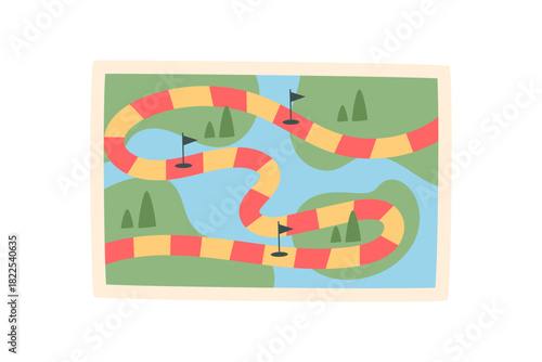 Colorful flat path board game map. Simple puzzle layout with winding snake route in vibrant colors. Engaging recreation for boardgame fun, play, and table entertainment activities.