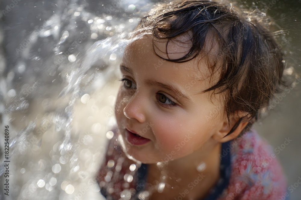 Obraz premium Young girl plays in a fountain of streaming water on a sunny day