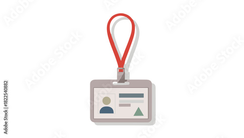 ID badge with red lanyard in clean flat vector style, soft neutral colors, office identification
