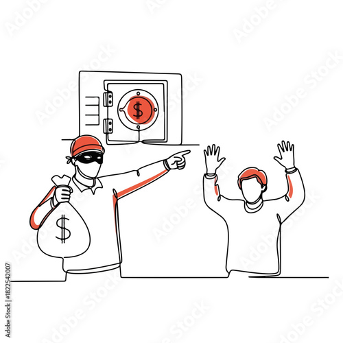 Bank robbery illustrated with single line art, showing thief pointing a gun and hostage with raised hands in fear. Bank robbery crime scene demonstrates danger and intimidation.