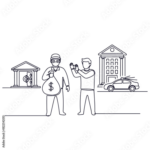 Outline drawing showing bank robbery, with a masked thief holding a money sack and accomplice looking through binoculars. Outline drawing of a bank robbery scene emphasizing a crime in progress,