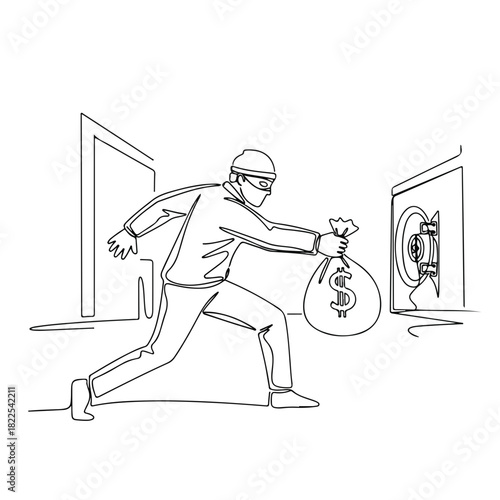 Bank robbery in continuous line art drawing, thief with money bag rushing from opened safe. Bank robbery act illustrated, committing crime shown, criminal character running, holding money bag.