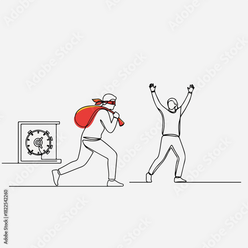 Thief robbing safe is depicted in continuous line art, highlighting crime, theft and insecurity. Thief is running away with bag of money while person surrenders, raising hands,
