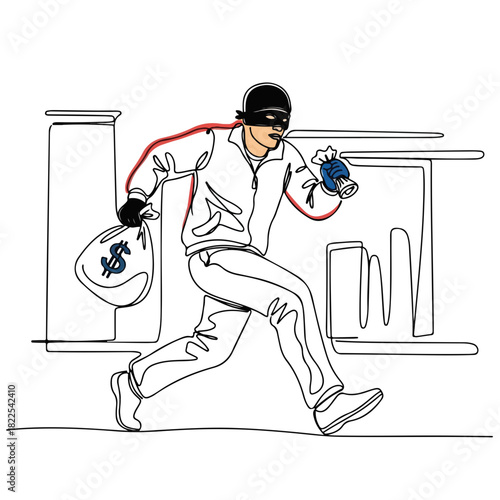 Running thief escapes with loot in continuous line art, running thief with a bag of money. Scene features running thief holding a bag of dollars, showcasing criminal activity and danger.