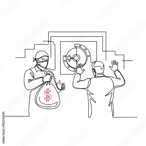 One line art portraying robbery at bank with thief holding money sack while bank employee raises hands in surrender, this bank robbery showing safety concept. Bank robbery requires safety, security,