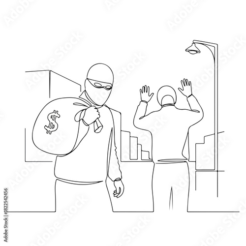 Thief with money bag, a single line art. Thief on city street with person surrendering is depicted in continuous line art. Conceptual thief idea, creating dramatic situation.