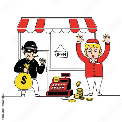 Crime scene depicting store robbery, frightened cashier is under attack by aggressive robber holding a money bag. Store robbery is in process, cashier raises hands to show he surrenders.