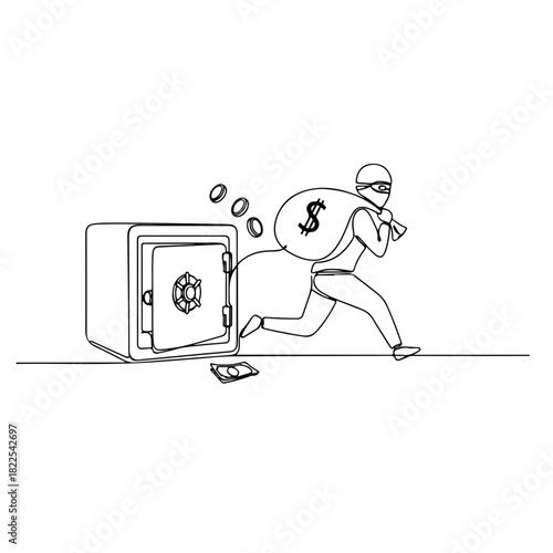 Running thief with stolen money. Thief is running, carrying bag with dollar sign. Concept of running thief for criminal illustration, sketch of theft, and fraudulent schemes against banking accounts.