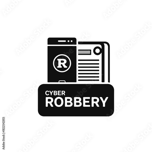Cyber robbery, also known as cybercrime, depicted with smartphone and document against white background. This cyber robbery image can be used for web safety.