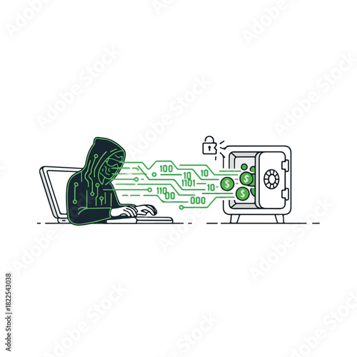 Hacker with laptop stealing money online, representing cybersecurity threats and digital crime. Hacker and digital security concept, illustrating online theft and information breach.